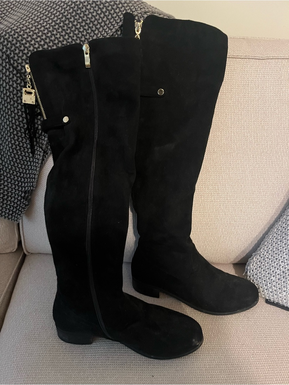 Black Over-the-Knee Suede Boots with Gold Accents